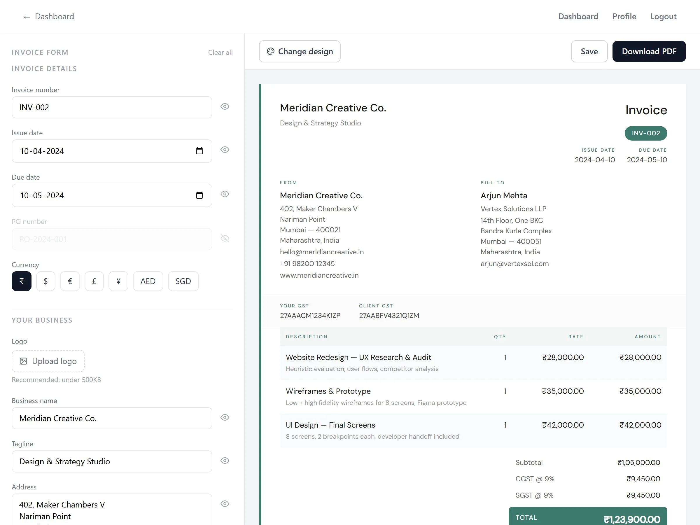 Invoice Generator — invoice dashboard